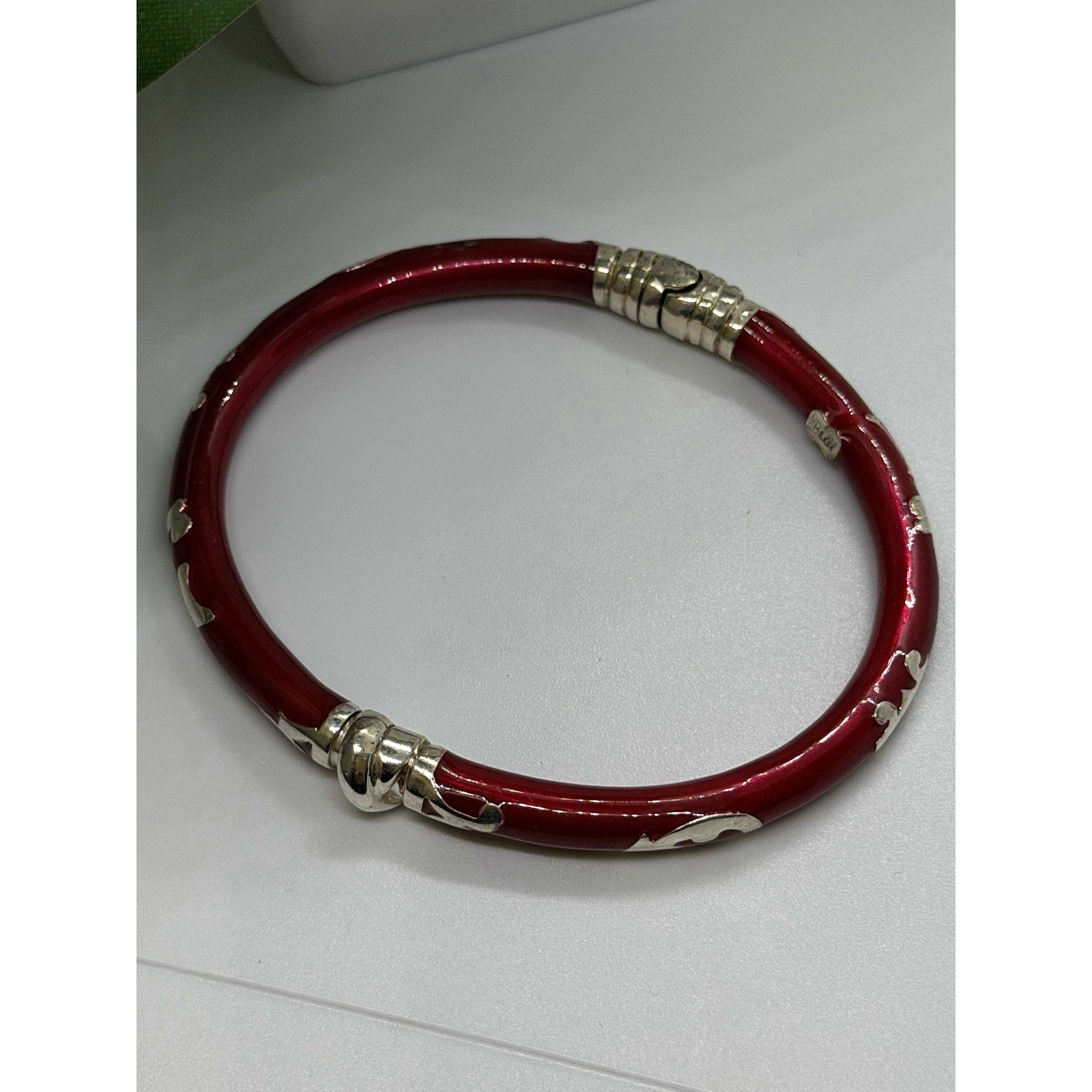 Italy Milor Vintage 925 Sterling Silver Bangle Bracelet Red Enamel Inlay 195$